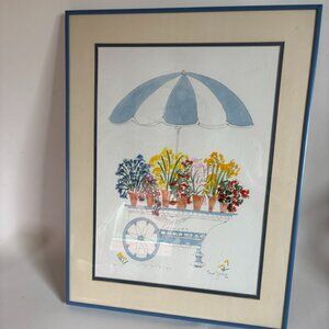 Vintage 22x17" Randi Johnson Pen & Watercolor Painting | Summer Umbrella Sun